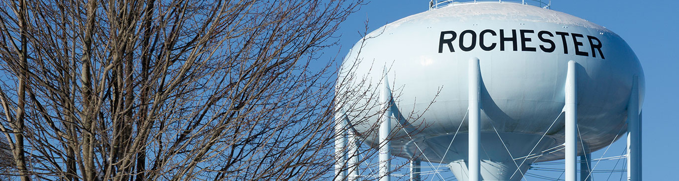 Trees and white water tower with Rochester spelled out in black lettering
