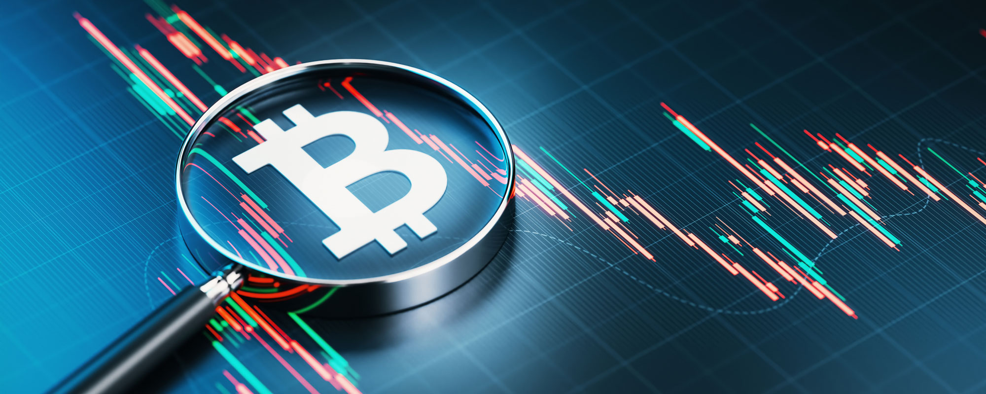 Bitcoin logo under magnifying glass