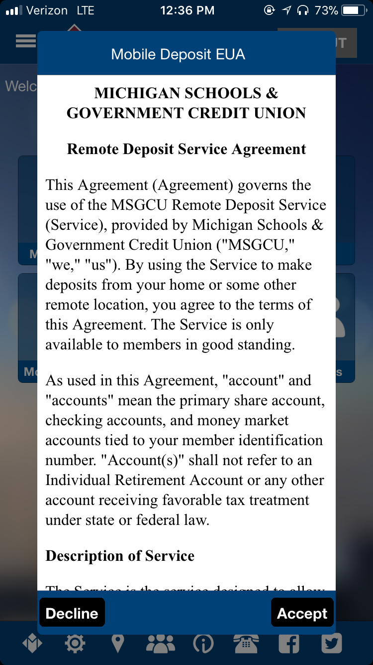 Service Agreement screen