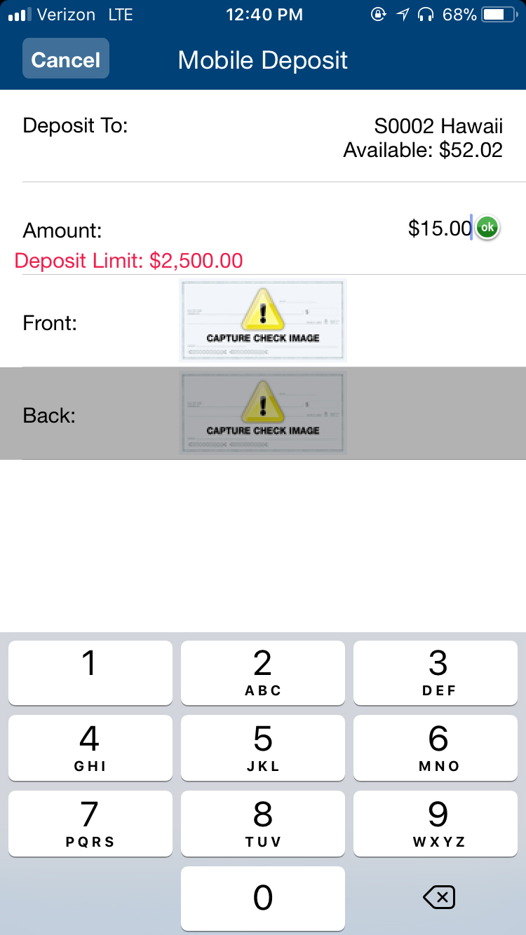 Enter Deposit Amount Screen