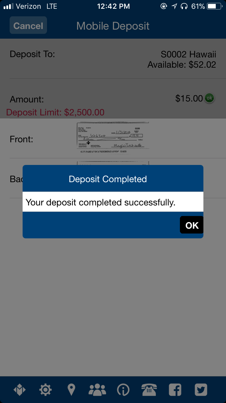 Deposit Completed Screen